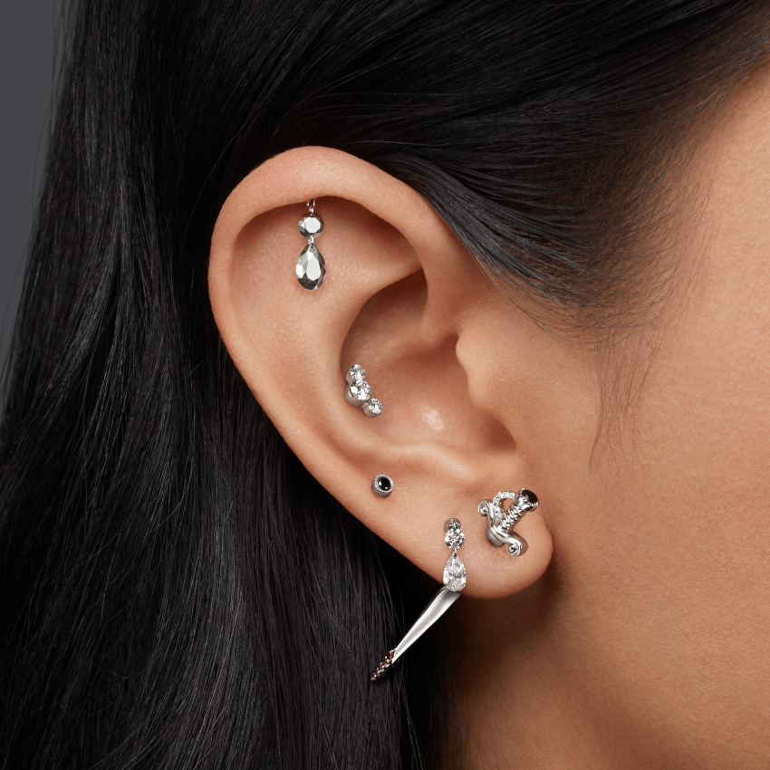 Invisible Set Three Diamond Curve Threaded Stud Earring With Titanium Backing