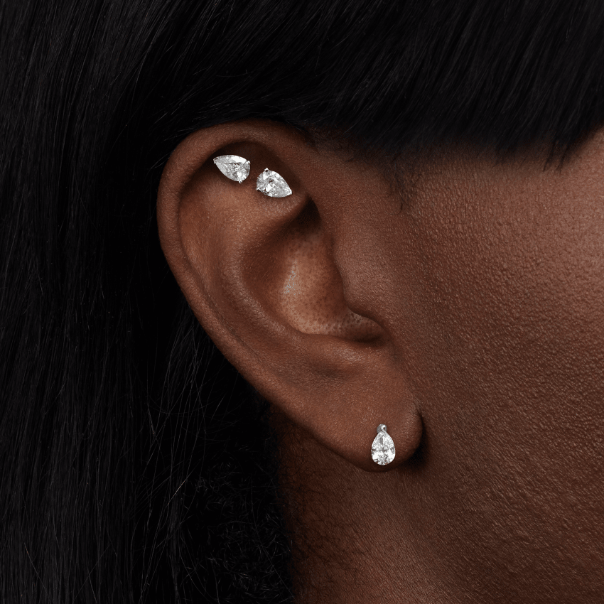 Pear Diamond Threaded Stud Earring, Diamond Back With Titanium Backing