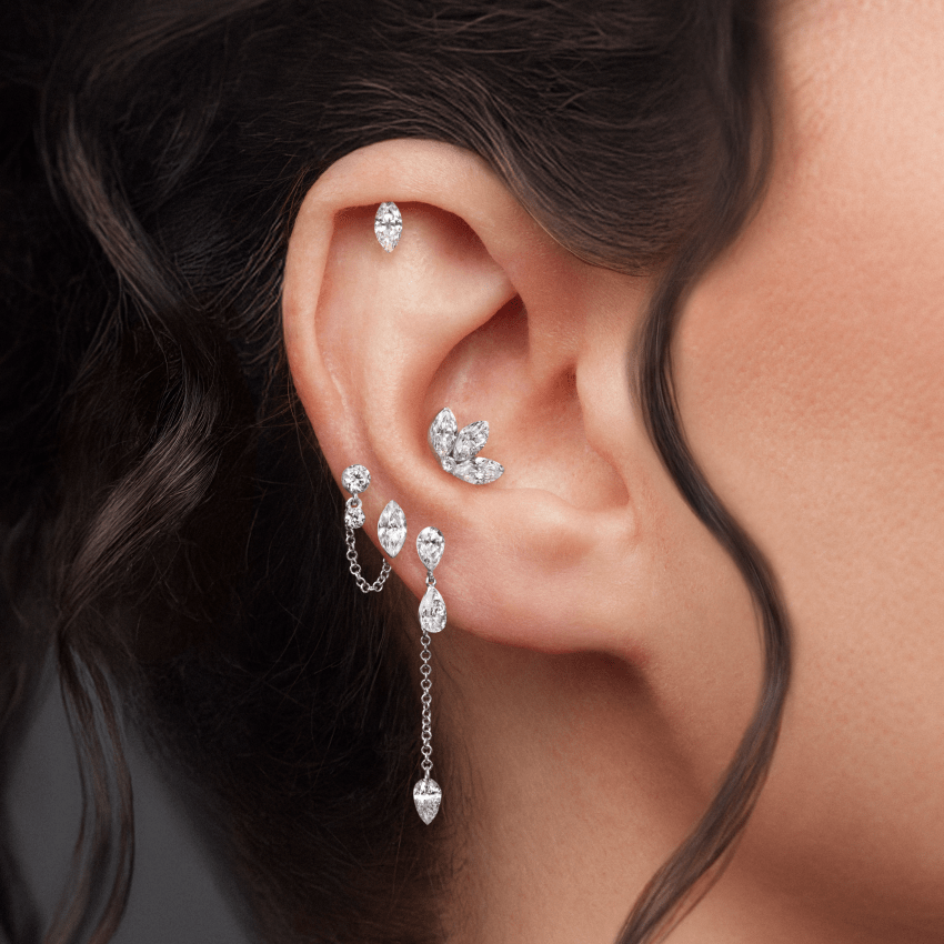 Invisible Set Diamond Pear Dangle Threaded Stud Earring