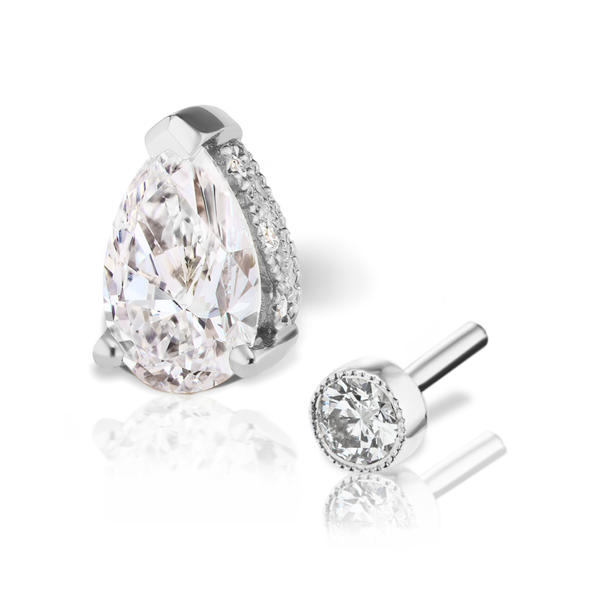Pear Diamond Threaded Stud Earring, Diamond Back With Titanium Backing
