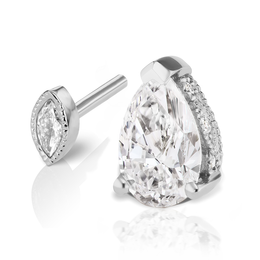 Pear Diamond Threaded Stud Earring, Marquise Diamond Back