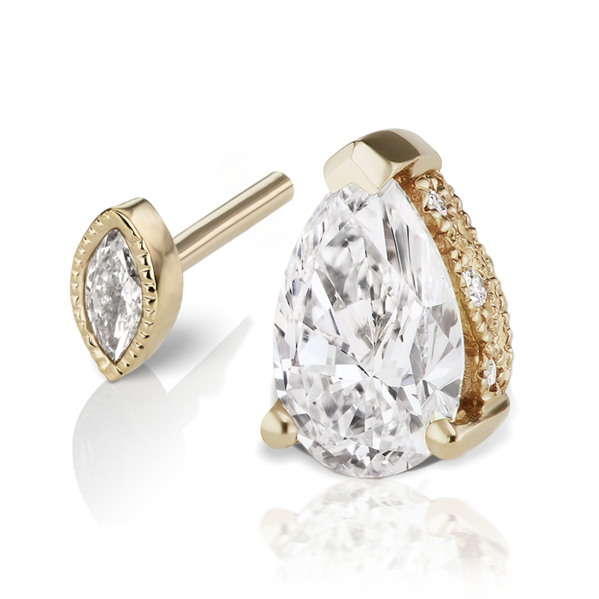 Pear Diamond Threaded Stud Earring, Marquise Diamond Back