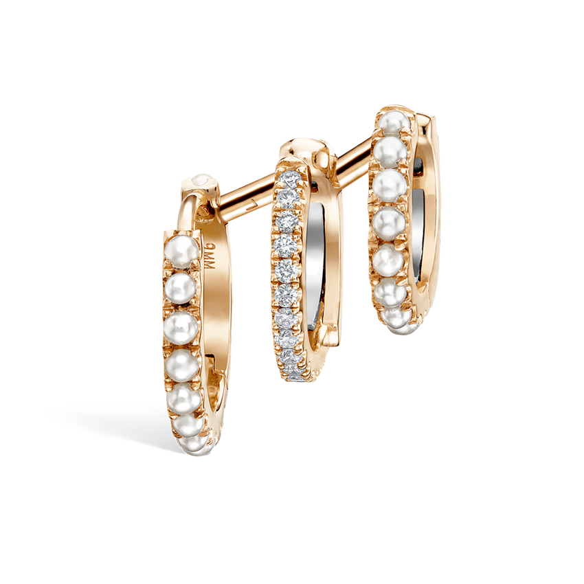 Pearl and Diamond Triple Linked Eternity Hoop Earring and Cuffs