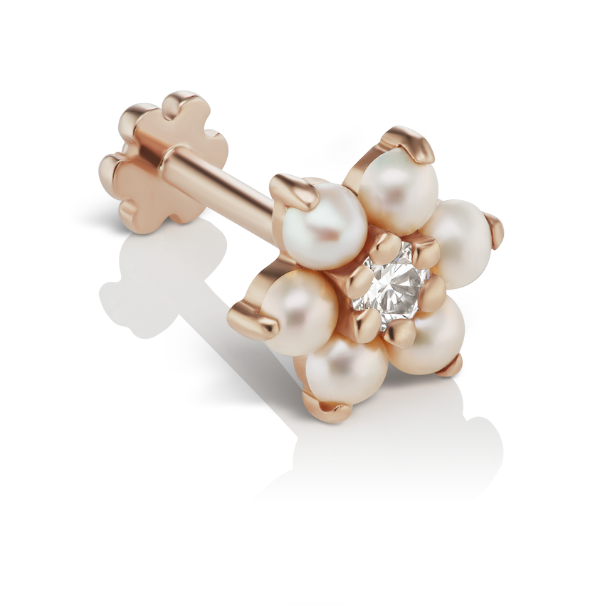 Pearl Flower with Diamond Center Threaded Stud Earring With Titanium Backing
