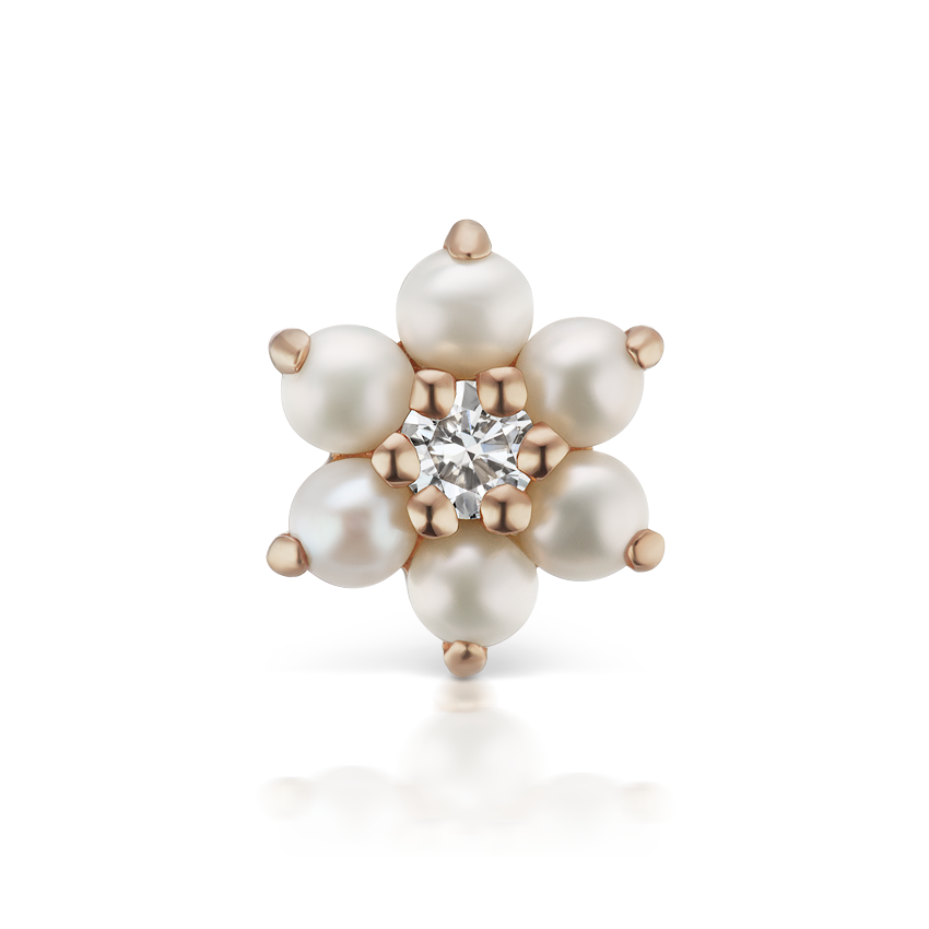 Pearl Flower with Diamond Center Threaded Stud Earring With Titanium Backing