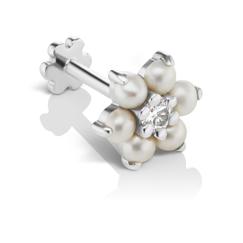 Pearl Flower with Diamond Center Threaded Stud Earring With Titanium Backing