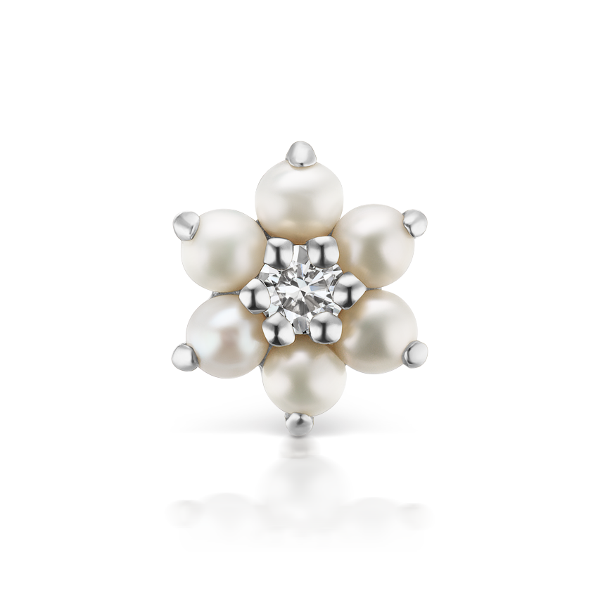 Pearl Flower with Diamond Center Threaded Stud Earring With Titanium Backing