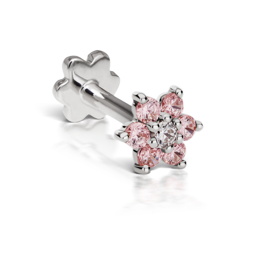 Pink Diamond Flower Threaded Stud Earring With Titanium Backing