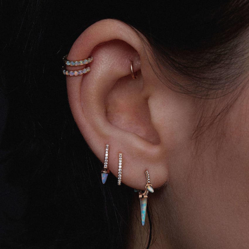 Triple Long Opal Spike Diamond Eternity Hoop Earring