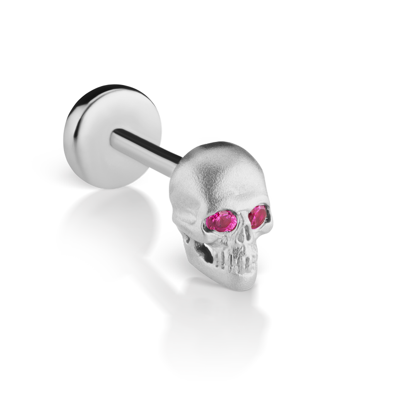Ruby Eye Matte Skull Threaded Stud Earring With Titanium Backing