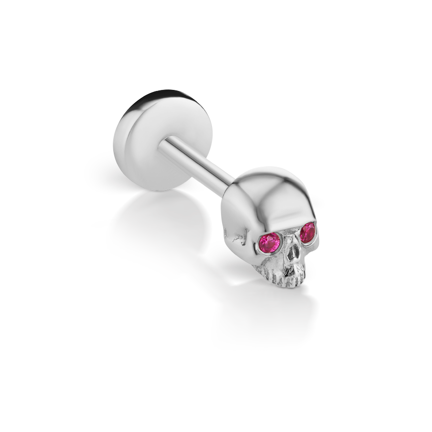 Ruby Eye Skull Threaded Stud Earring With Titanium Backing