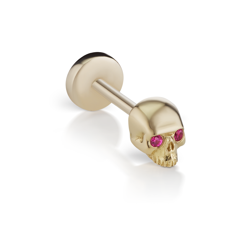 Ruby Eye Skull Threaded Stud Earring With Titanium Backing