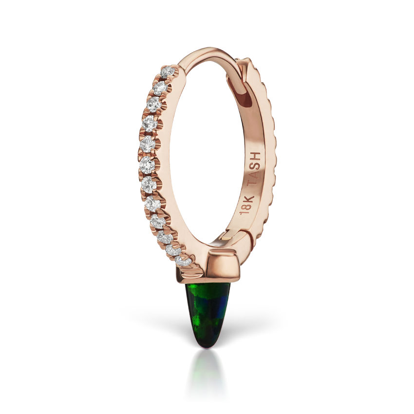 Single Short Black Opal Spike Diamond Eternity Hoop Earring