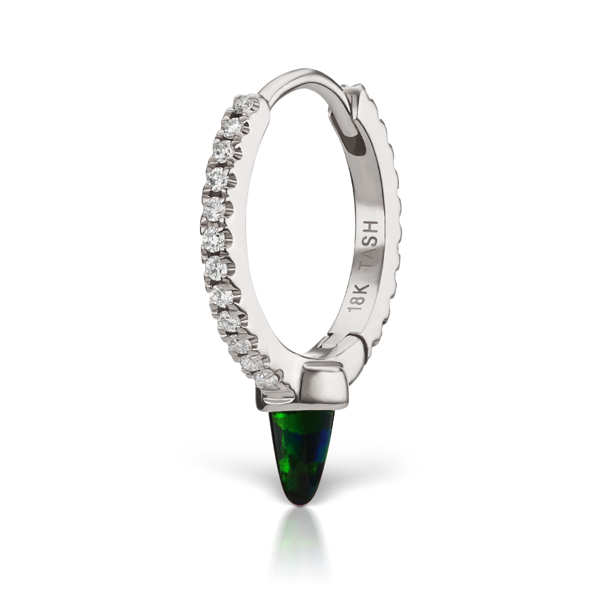 Single Short Black Opal Spike Diamond Eternity Hoop Earring