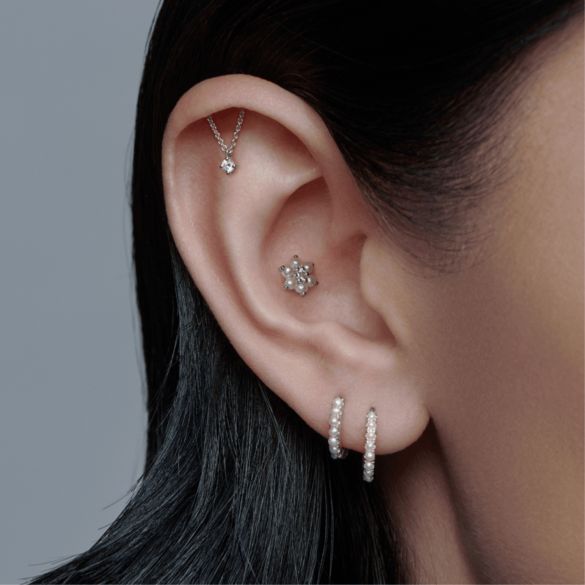 Pearl Flower with Diamond Center Threaded Stud Earring With Titanium Backing
