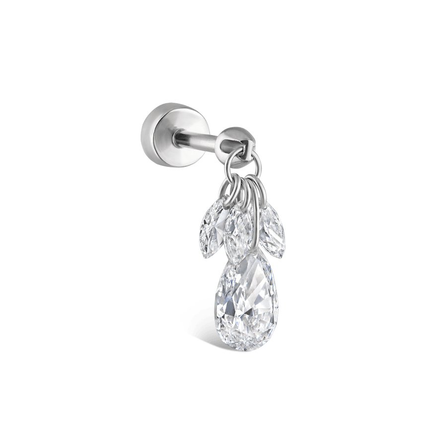 Floating Pear Diamond Plume Threaded Charm Earring With Titanium Backing