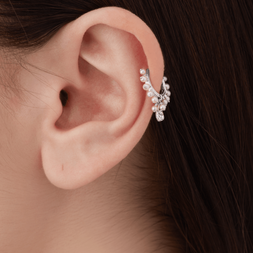 Pearl Coronet Diamond Briolette Hoop Earring