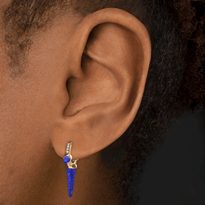 Lapis Triple Long Spike Diamond Eternity Hoop Earring