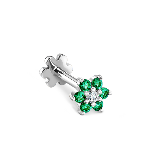 Emerald and Diamond Flower Threaded Stud Earring