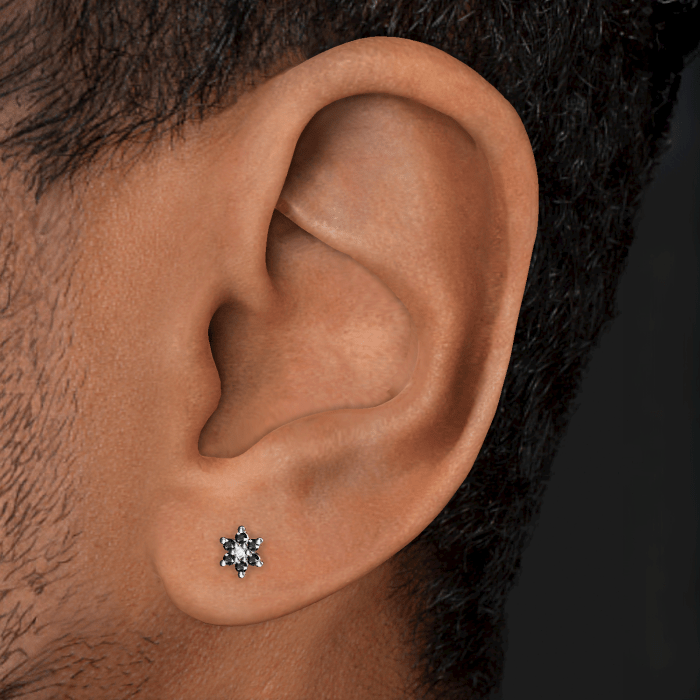 Black Diamond Flower Threaded Stud Earring With Titanium Backing