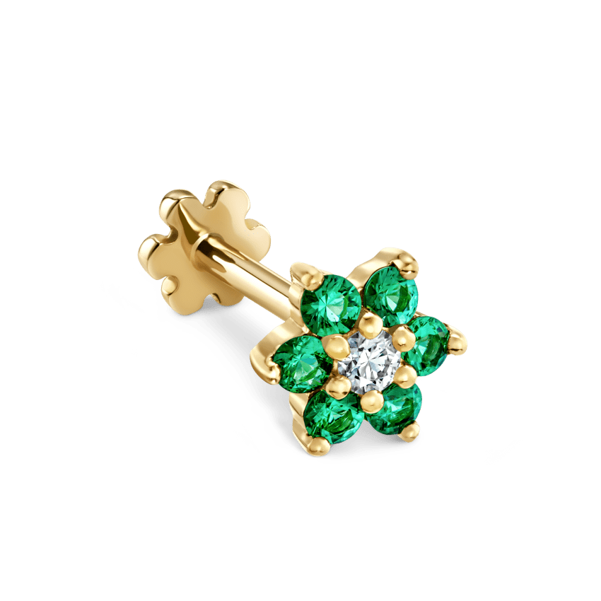 Emerald and Diamond Flower Threaded Stud Earring