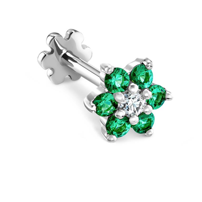 Emerald and Diamond Flower Threaded Stud Earring