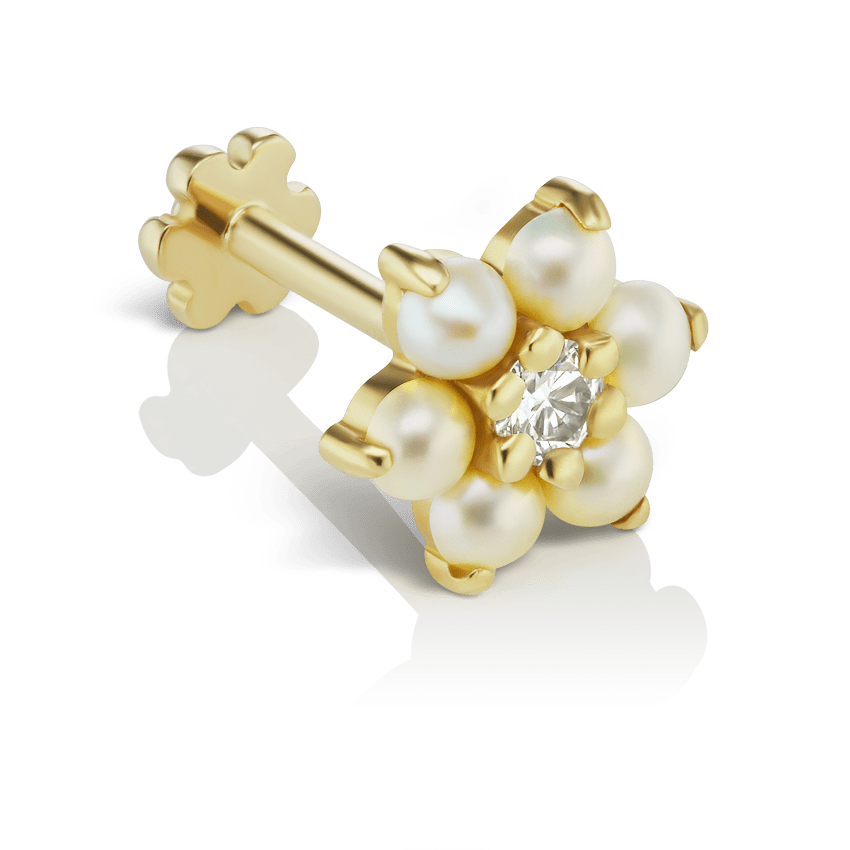 Pearl Flower with Diamond Center Threaded Stud Earring With Titanium Backing