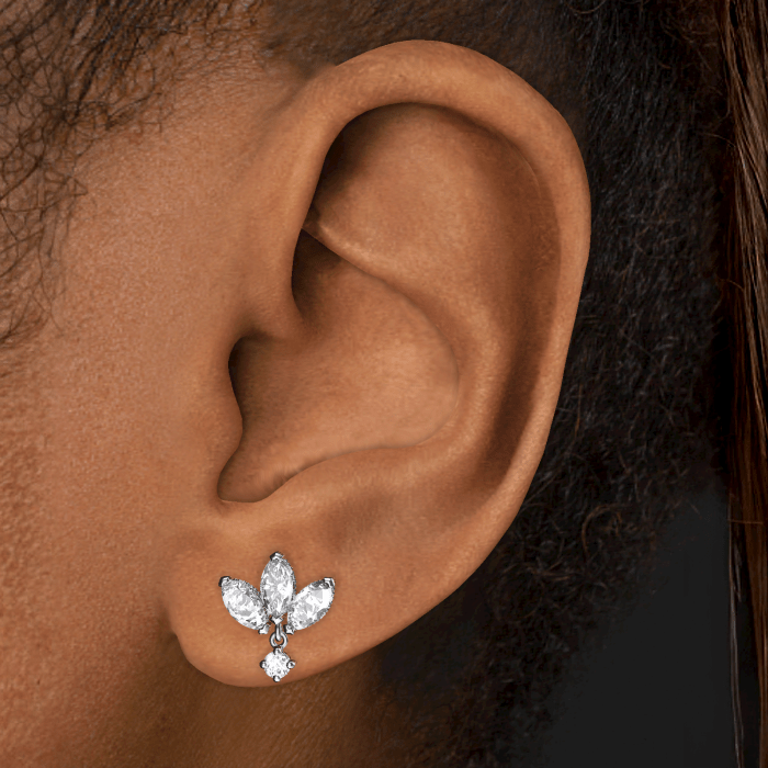 Diamond Engraved Lotus with Dangle Threaded Stud Earring