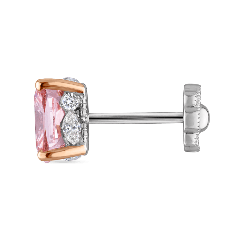 Engraved Pink Cushion Diamond Threaded Stud Earring