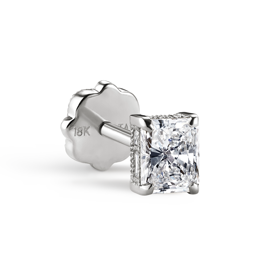 Engraved Radiant Diamond Threaded Stud Earring