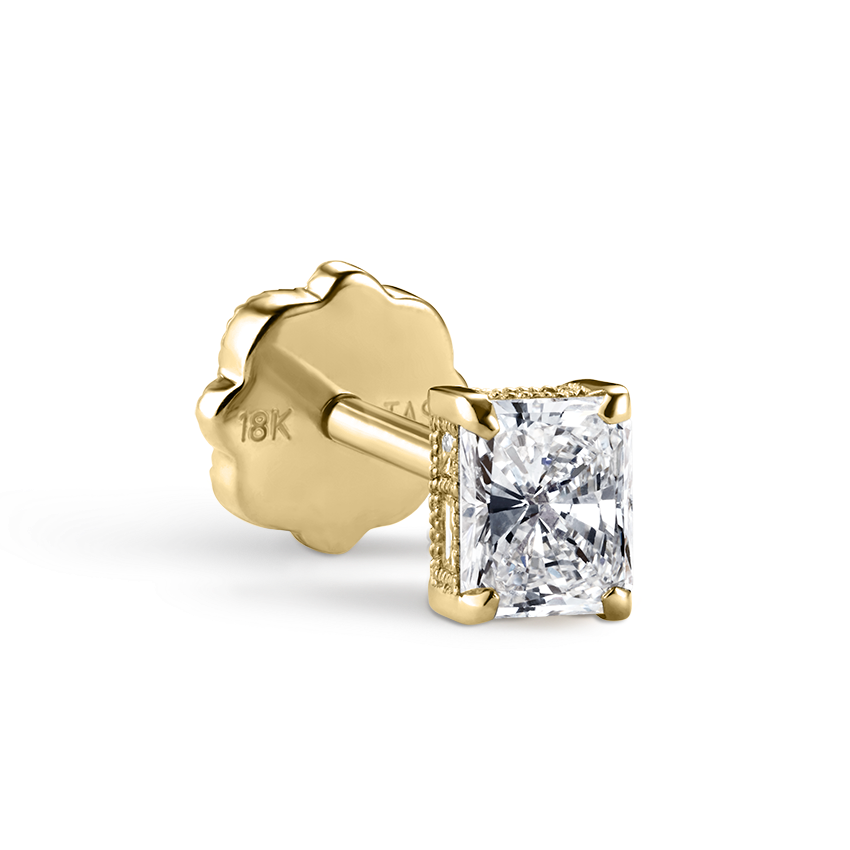 Engraved Radiant Diamond Threaded Stud Earring