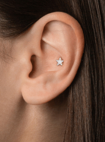 14K Solid Gold White Stone Triangle Tragus Piercing